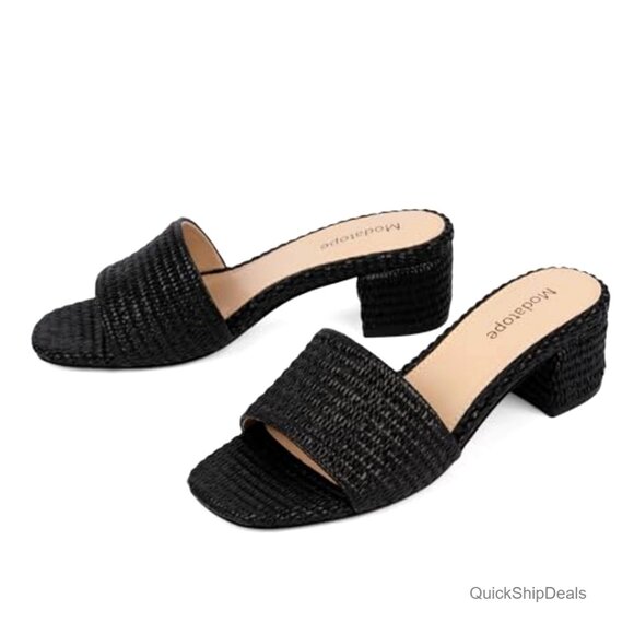Braided Chunky Heel Square Toe Sandals, 2-Inch Heel, Raffia Mules - Picture 6 of 7